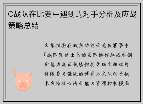 C战队在比赛中遇到的对手分析及应战策略总结