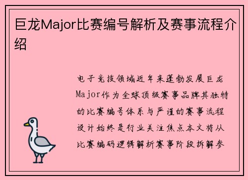巨龙Major比赛编号解析及赛事流程介绍
