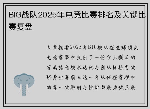 BIG战队2025年电竞比赛排名及关键比赛复盘